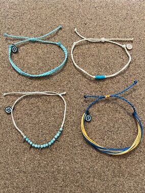 Lot of 4 Pura Vida Braided Beaded Bracelets Blue Teal Cream